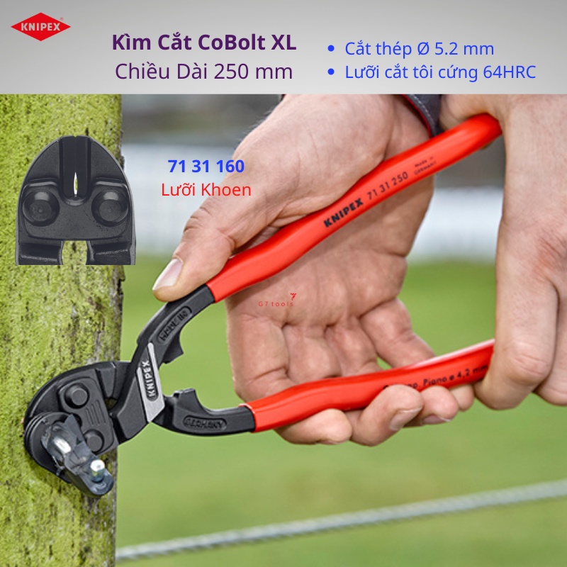 Kìm Cắt Knipex CoBolt® XL Khoen Lưỡi & Tôi Cứng 64 HRC Chiều Dài 250mm Cắt Thép Ø 5.2 mm Mã 71 31 250