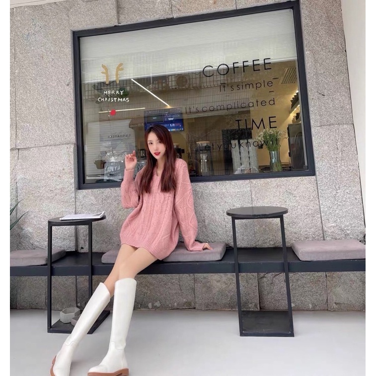 (ORDER.buiny) Áo len nữ MORAN vặn thừng màu hồng cổ V form rộng dài style điệu đà Hàn Quốc | BigBuy360 - bigbuy360.vn