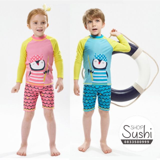 (FreeShip) Bộ quần áo bơi trẻ em dài tay hình chim cánh cụt, Áo bơi cho bé