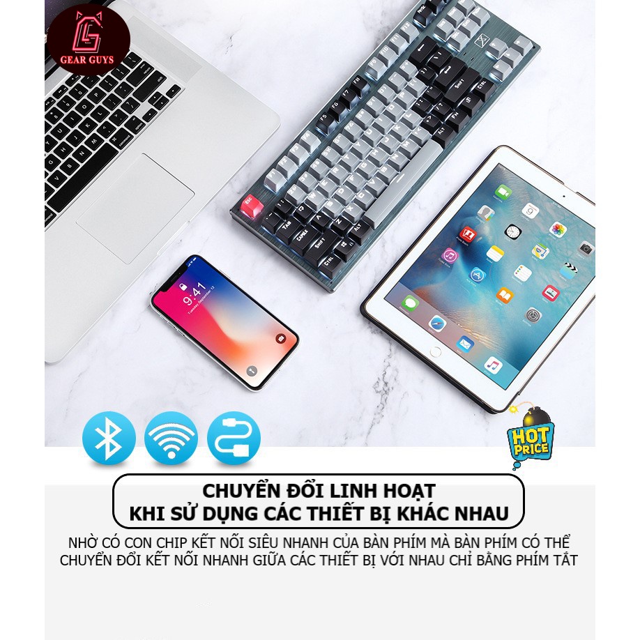 Bàn phím Cơ Bluetooth Không Dây XINMENG K950  Có Pin Sạc, LED Đẹp, Bàn phím Máy Tính PC Laptop, Máy Tính Bảng