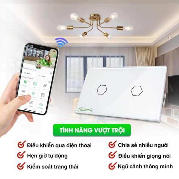 CÔNG TẮC CẢM ỨNG THÔNG MINH HUNONIC WIFI 2 NÚT