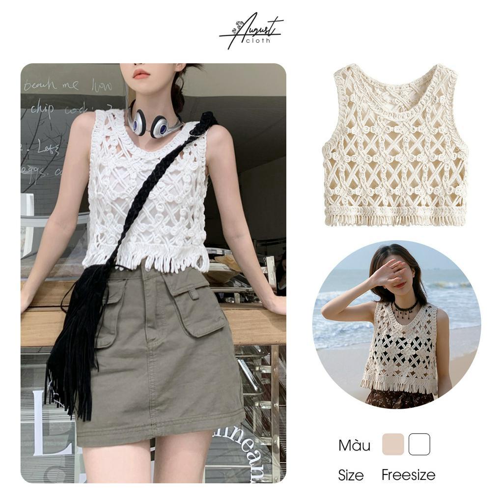 [Augustcloth] Áo cộc tay cổ tròn lưới lưn móc tua rua