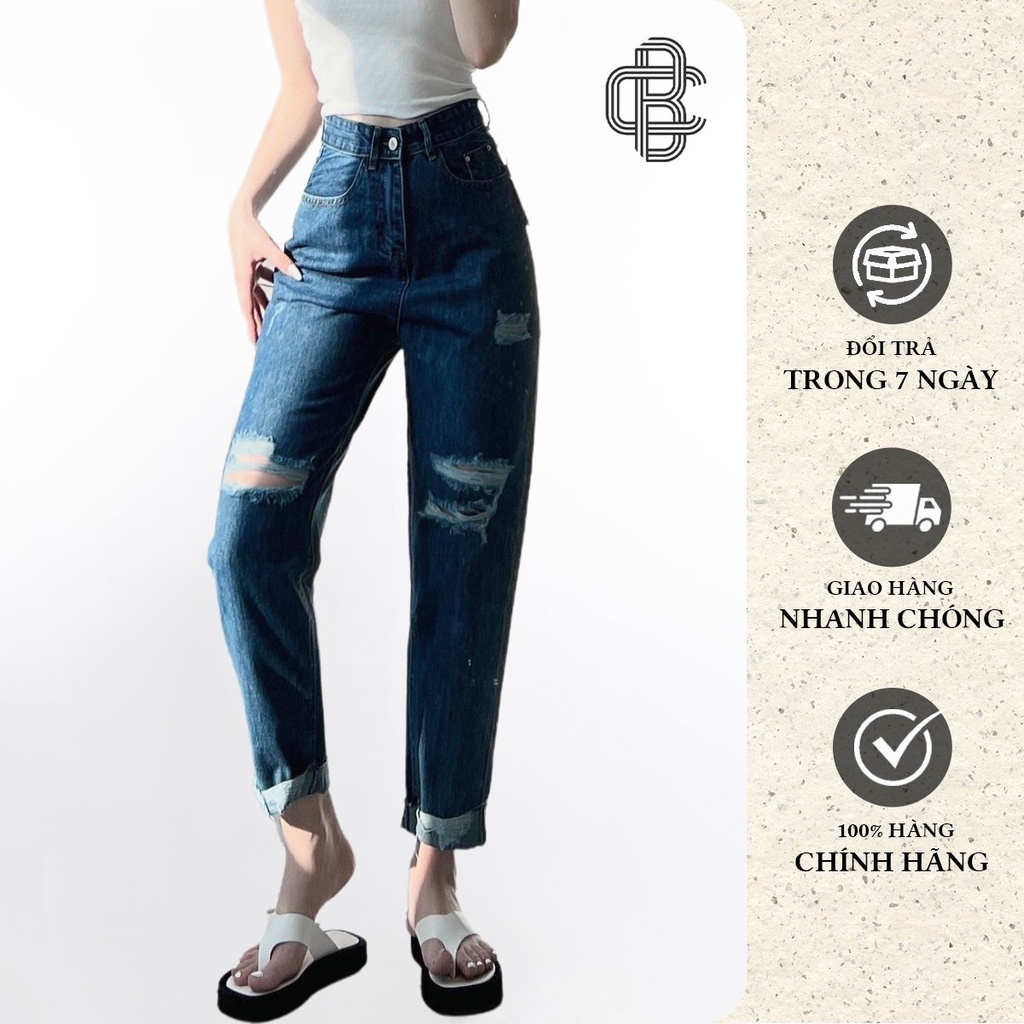 Quần jeans nữ dáng baggy rách gối cạp cao xắn gấu basic - La’coba