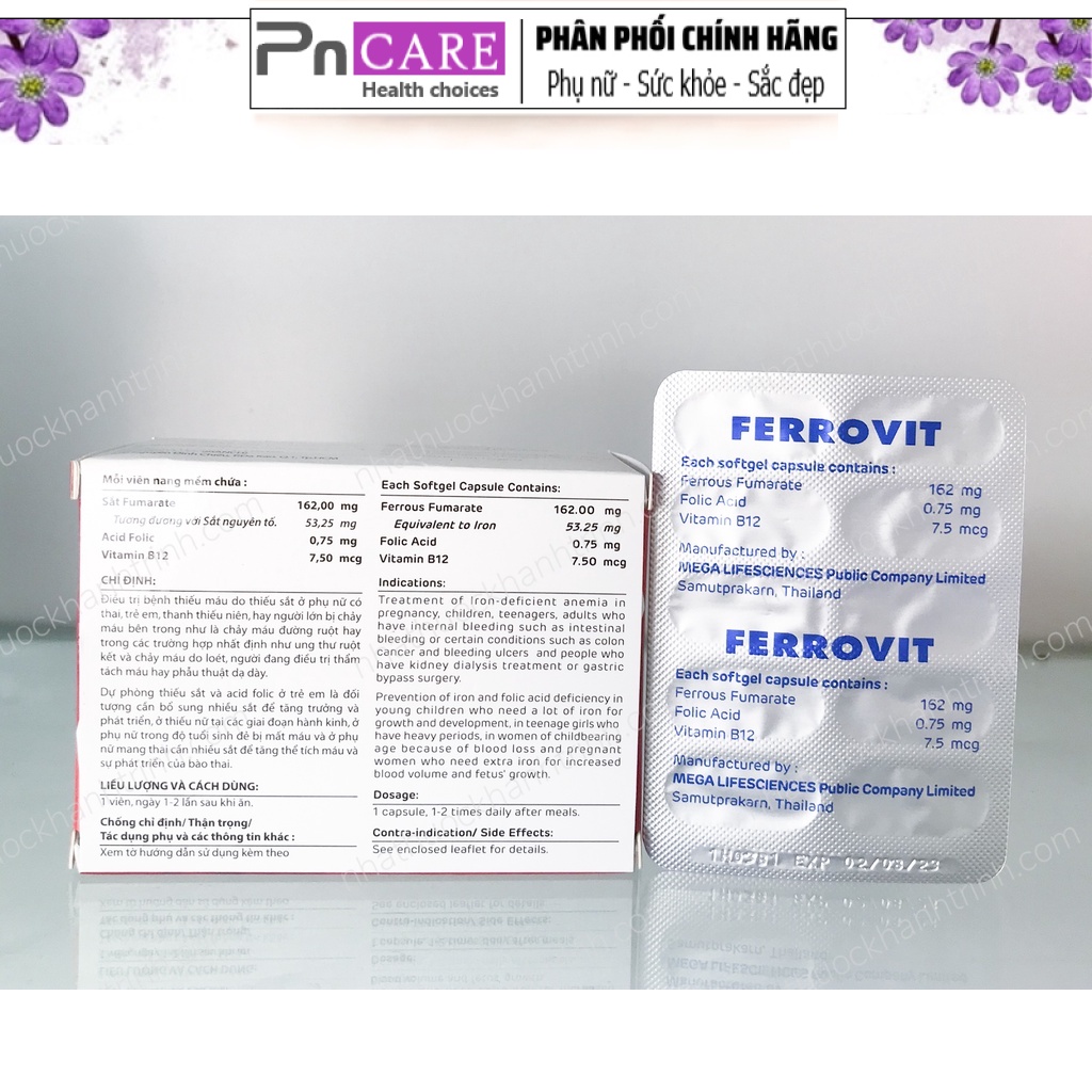 PnCARE | Viên Bổ Sung Sắt FERROVIT Hộp 50v -  Dùng cho Phụ Nữ Có Thai, Người Thiếu Máu do Thiếu Sắt