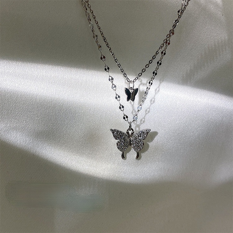Vòng cổ Hai Lớp Mặt Hình Bướm Đính Đá zircon Thanh Lịch Nhẹ Nhàng Cho Nữ