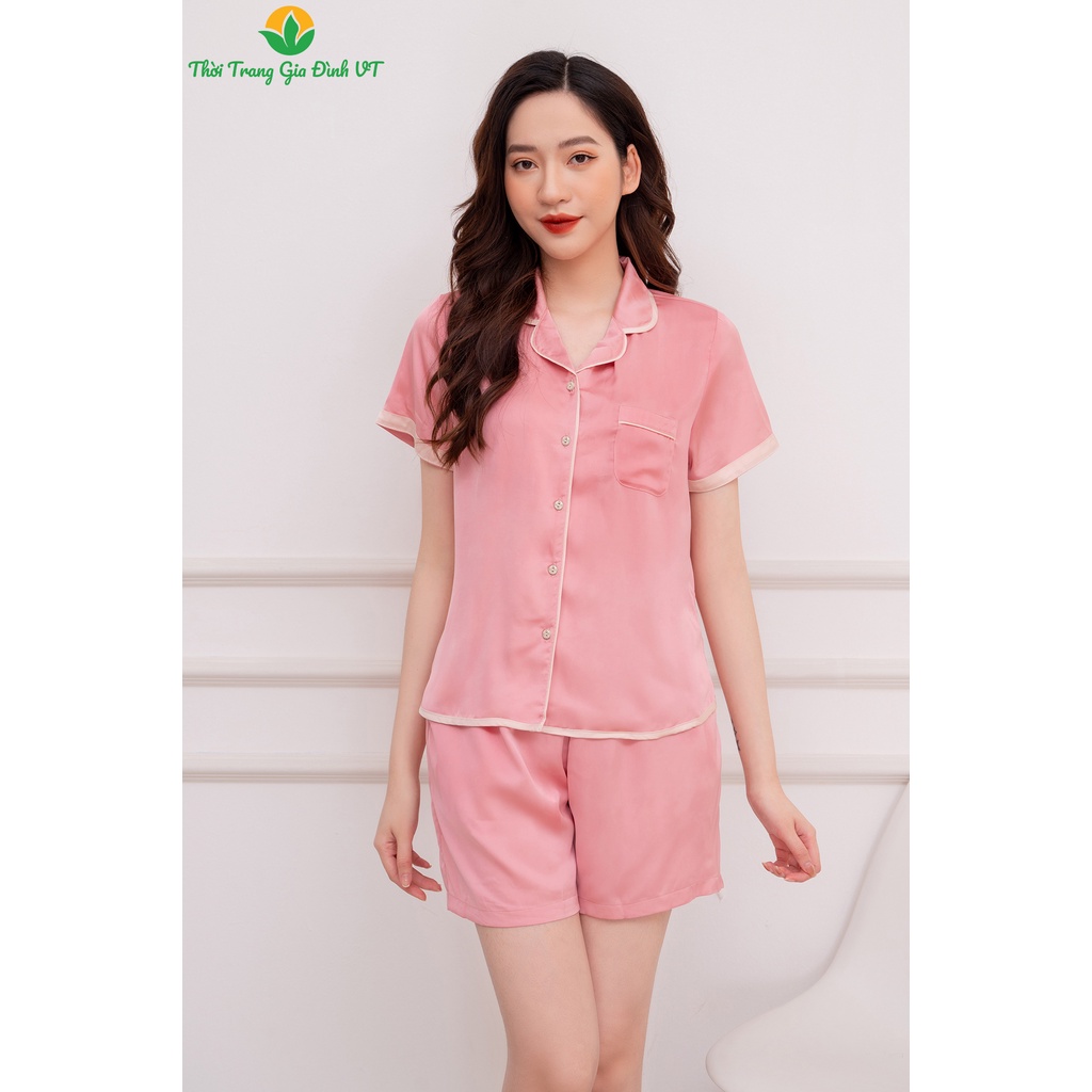 Bộ pijama lụa mặc nhà VT quần đùi áo cộc tay B23.2102 - Chất mềm, mát, thoải mái