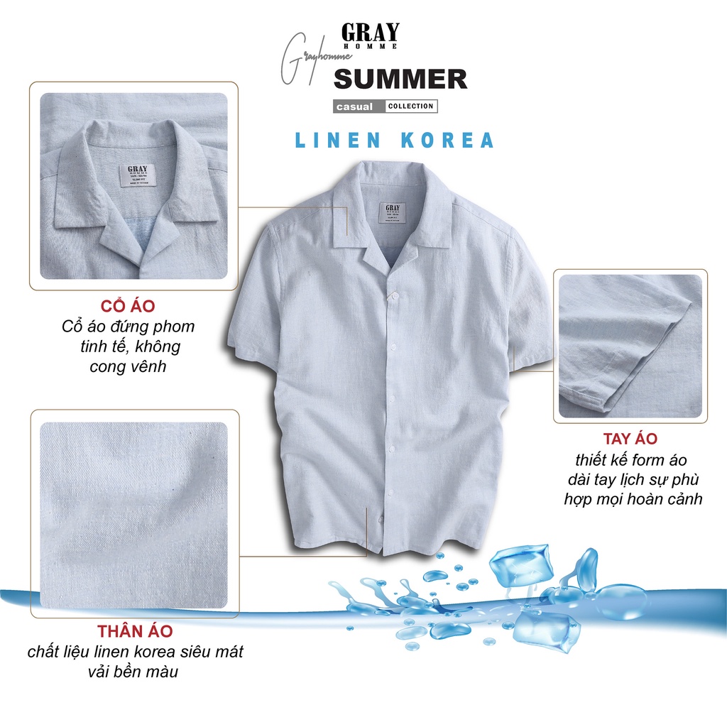 Áo Sơ Mi Nam Ngắn Tay GRAYHOMME linen Trơn Cổ Vest chất vải đũi thoáng mát TB120