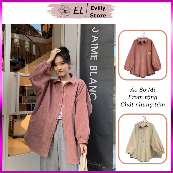 Áo sơ mi nữ dài tay nhung from rộng cá tính Evilly Store 2 màu be và hồng 001002