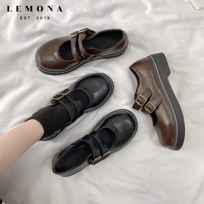 Giày nữ ulzzang 2 quai da Hàn Quốc (FORM RỘNG ĐI LÙI 1 SIZE)