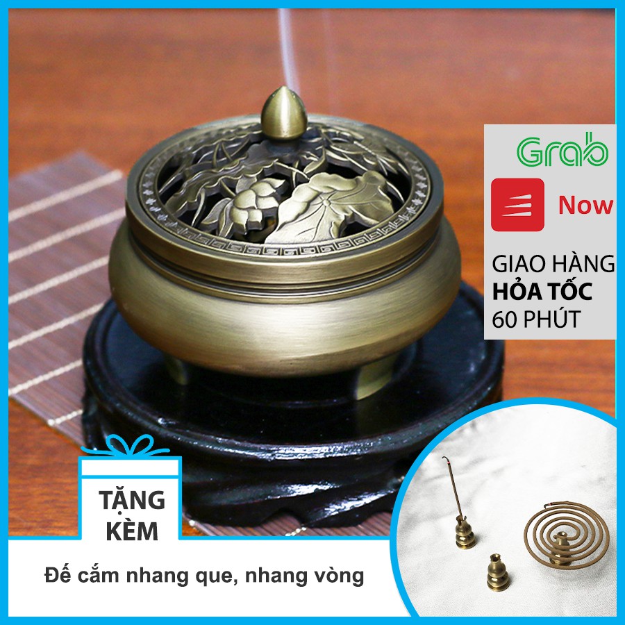 Lư xông trầm hương bằng Đồng - Lư đốt trầm hoạt tiết hoa sen - Hiên Nhà