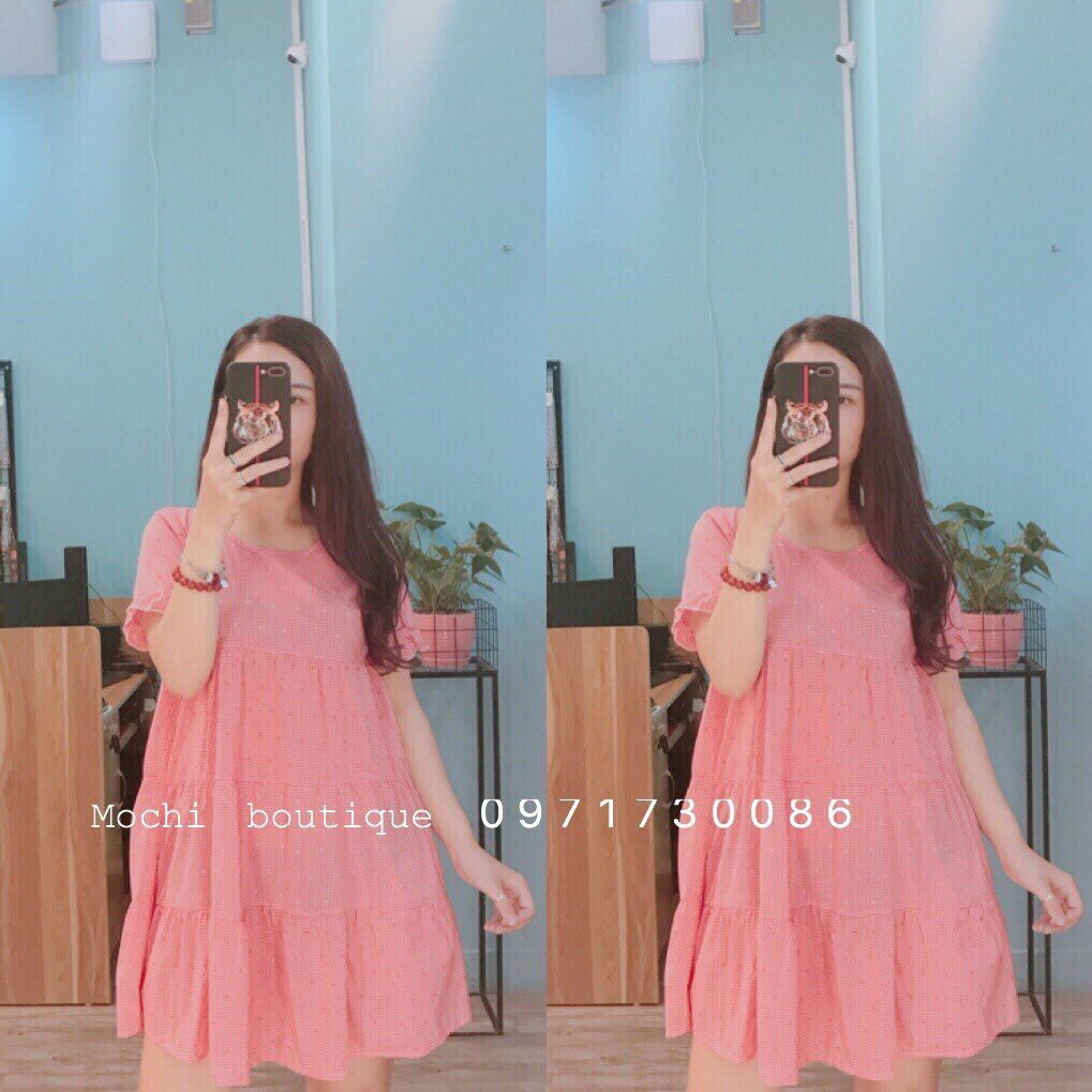 Đầm Babydoll Màu Đỏ Phom Rộng Họa Tiết Caro Xinh Xắn