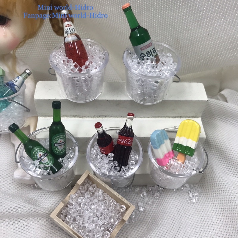 set mô hình chai nước ướp trong thùng đá vụn mini dùng làm vật liệu trang trí nhà búp bê BJD tỉ lệ 1/12, 1/8