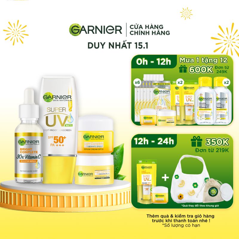 Bộ sản phẩm 3 bước dưỡng sáng da và bảo vệ da toàn diện ngày và đêm Garnier Light Complete