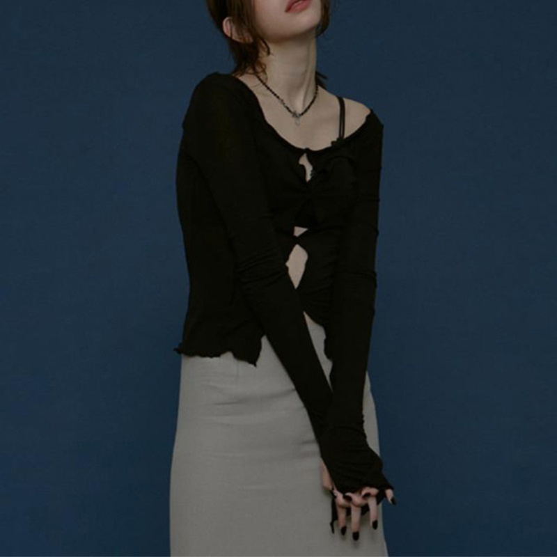 Mary Women Autumn Long Sleeve Off Shoulder T-Shirt Sexy Hollow Out Slit Hem Solid Color Crop Top Casual Slim Fit Cover U