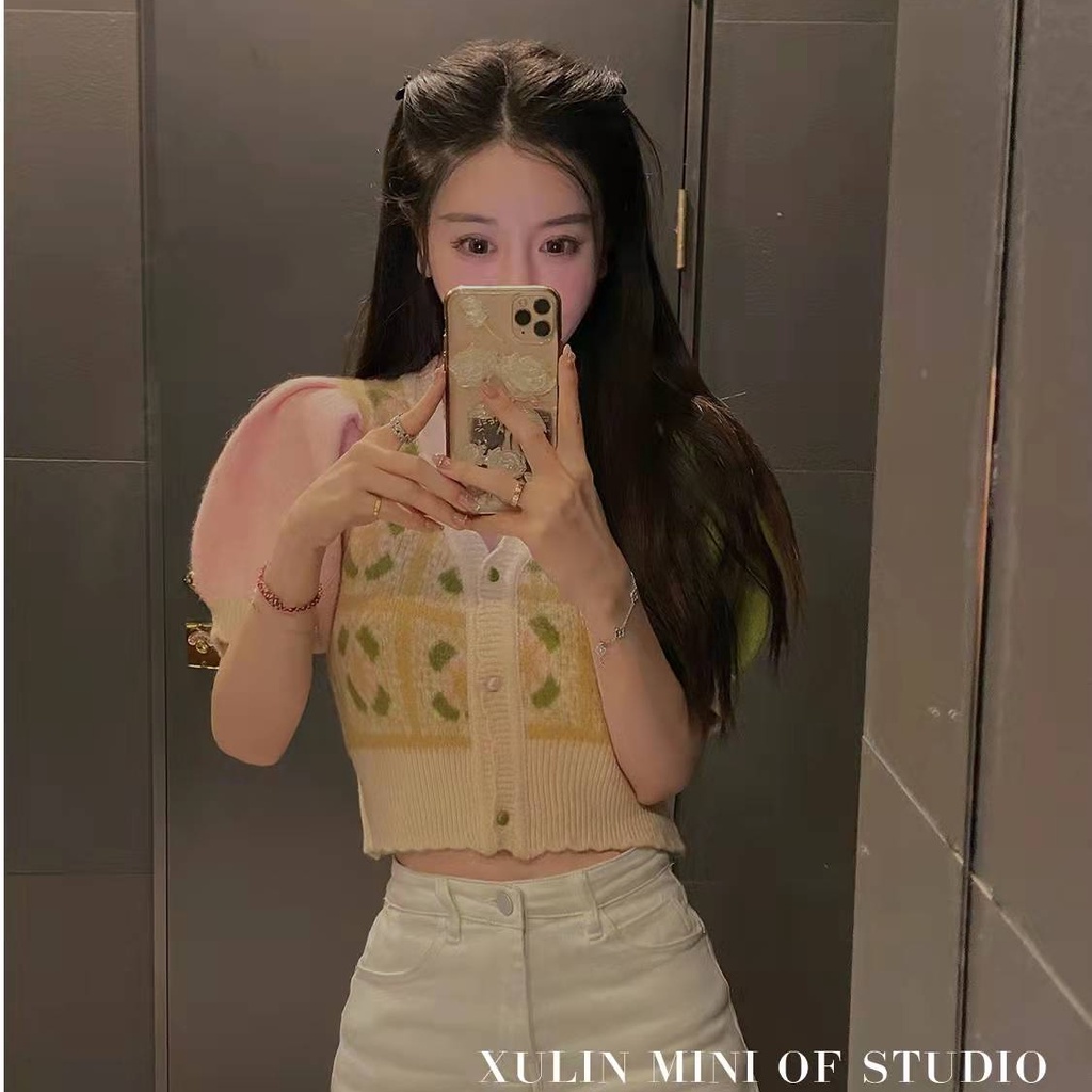 SUXI Áo Dệt Kim Tay Phồng Ngắn Cổ Chữ V Thời Trang Mùa Xuân Phong Cách Vintage Dễ Phối Đồ Cho Nữ