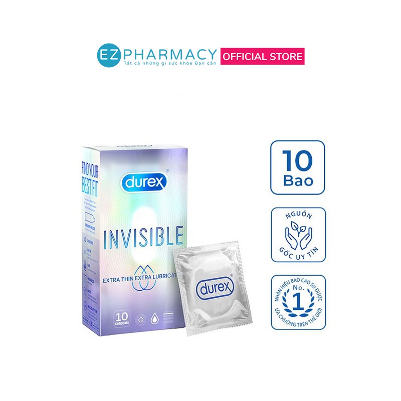 Bao cao su Durex Invisible Extra Thin Extra Lubricated siêu mỏng - hộp 10 bao
