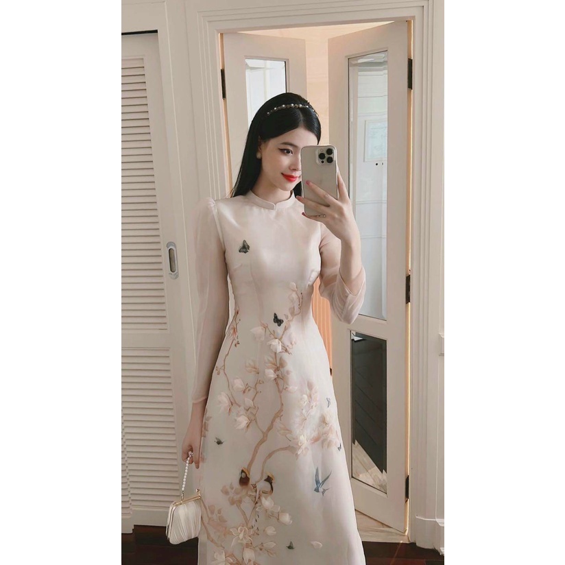 Áo dài cách tân nữ tay lỡ đính hoa duyên dáng - L23