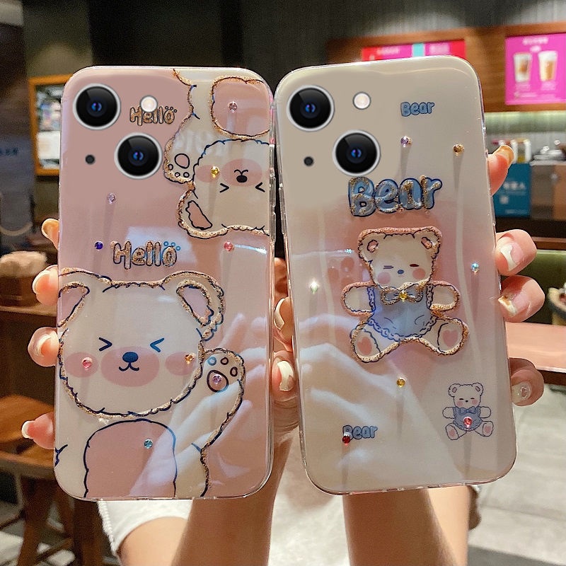 Ốp điện thoại hình gấu hồng nhạt xanh iPhone 13 Pro Max i12 Mini i11 Xs Xr i8 i7 phong cách Hàn Quốc