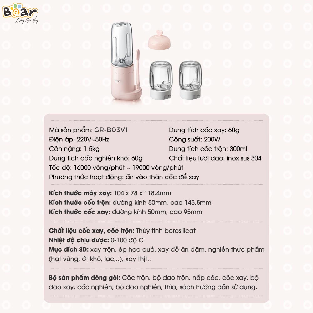 [Mã ELHA22 giảm 5% đơn 300K] Máy Xay Thực Phẩm Cho Trẻ Em Bear GR-B03V1 - Pink