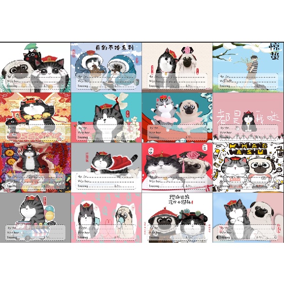 nhãn vở mèo hoàng thượng chó nô tài NV56 nhãn vở hoạt hình set 16 chiếc có keo dán sẵn