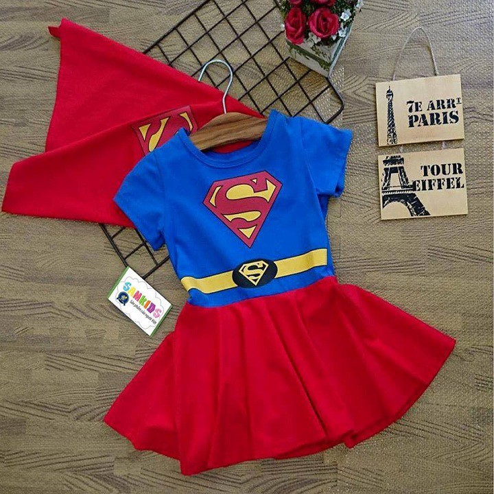 Đầm siêu nhân supergirl bé gái kèm áo choàng từ 9-26kg- thun cotton thấm hút mồ hôi, hình không bong tróc