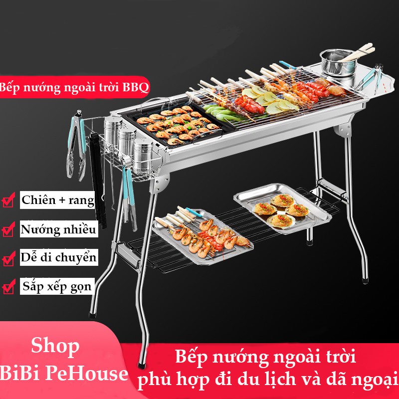 Bếp nướng BBQ ngoài trời dã ngoại nướng than hoa inox có thể gấp gọn chân cao xếp kèm phụ kiện