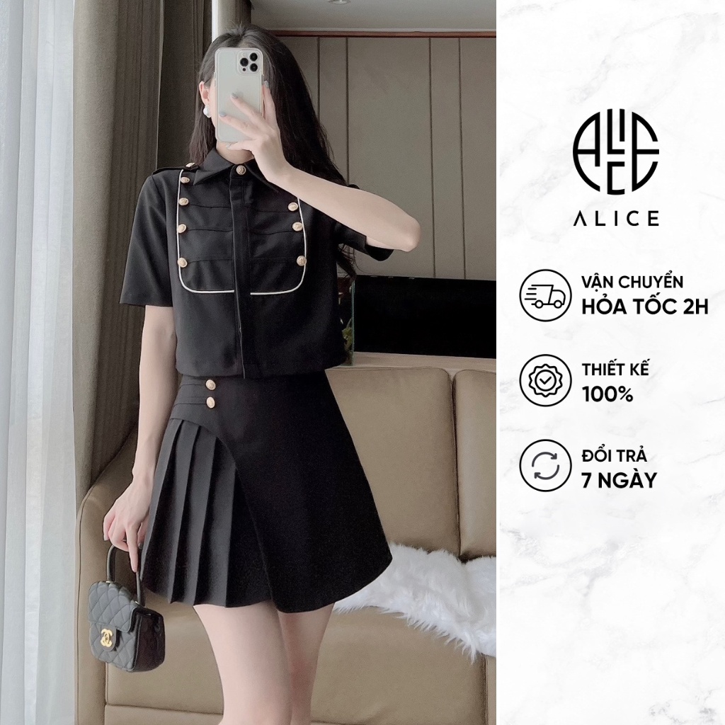 Set Đồ Nữ Sang Chảnh ALICE Áo Sơ Mi Cộc Tay Phối Chân Váy Ngắn Dập Ly Dáng Xòe Chất Vải Kaki Mềm Mịn Lót Lụa V862