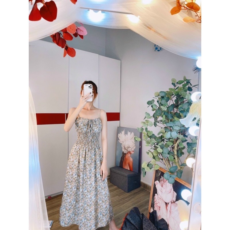 Đầm maxi hai dây cột nơ bo eo hoa nhí siêu dễ thương - hình thật