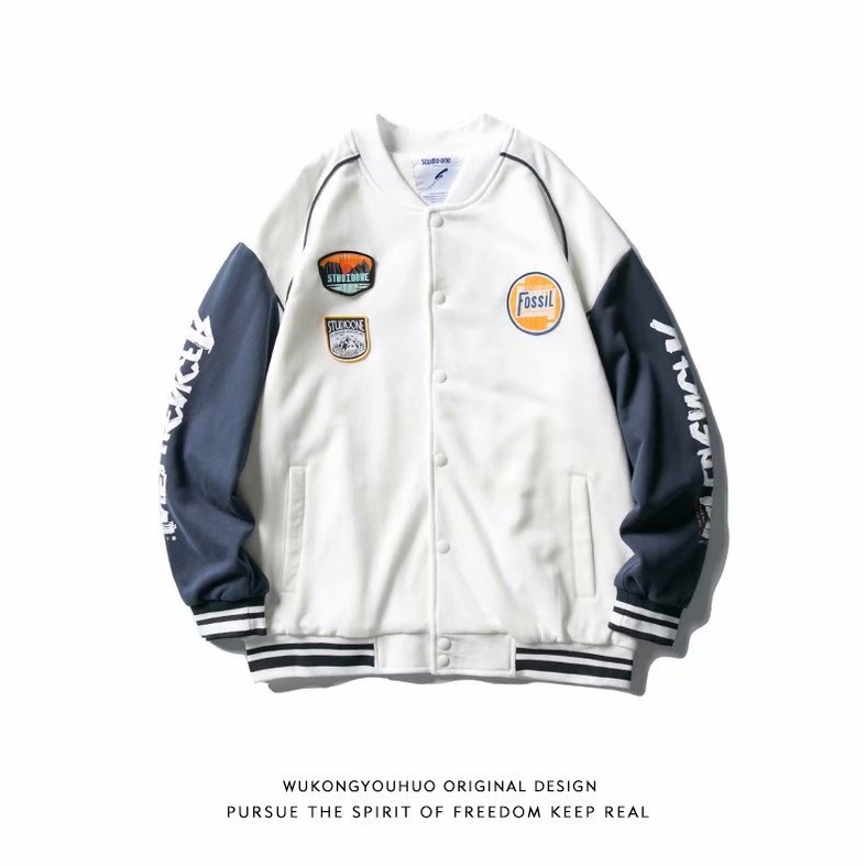 Áo khoác bóng chày dáng rộng thêu logo thời trang đường phố Mỹ