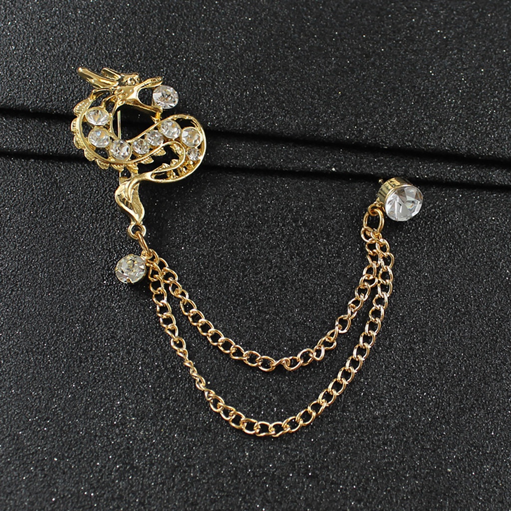 Ghim cài áo hình rồng đính kim cương giả phối dây xích thời trang Trung Hoa