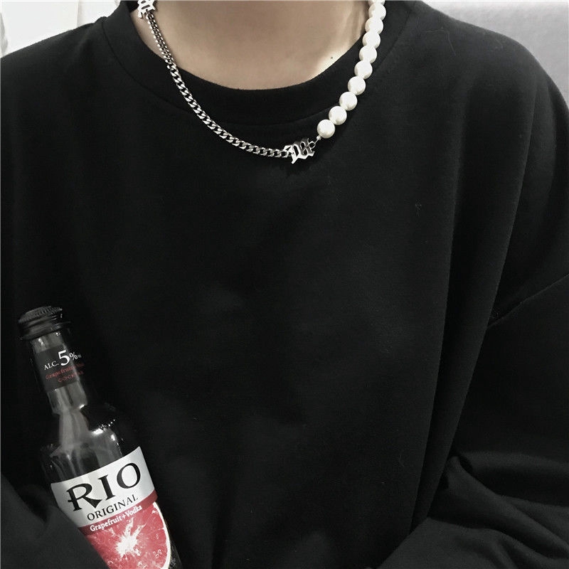 Dây chuyền phối hạt ngọc trai và mặt chữ phong cách hiphop Harajuku sành điệu cho nam và nữ 22169