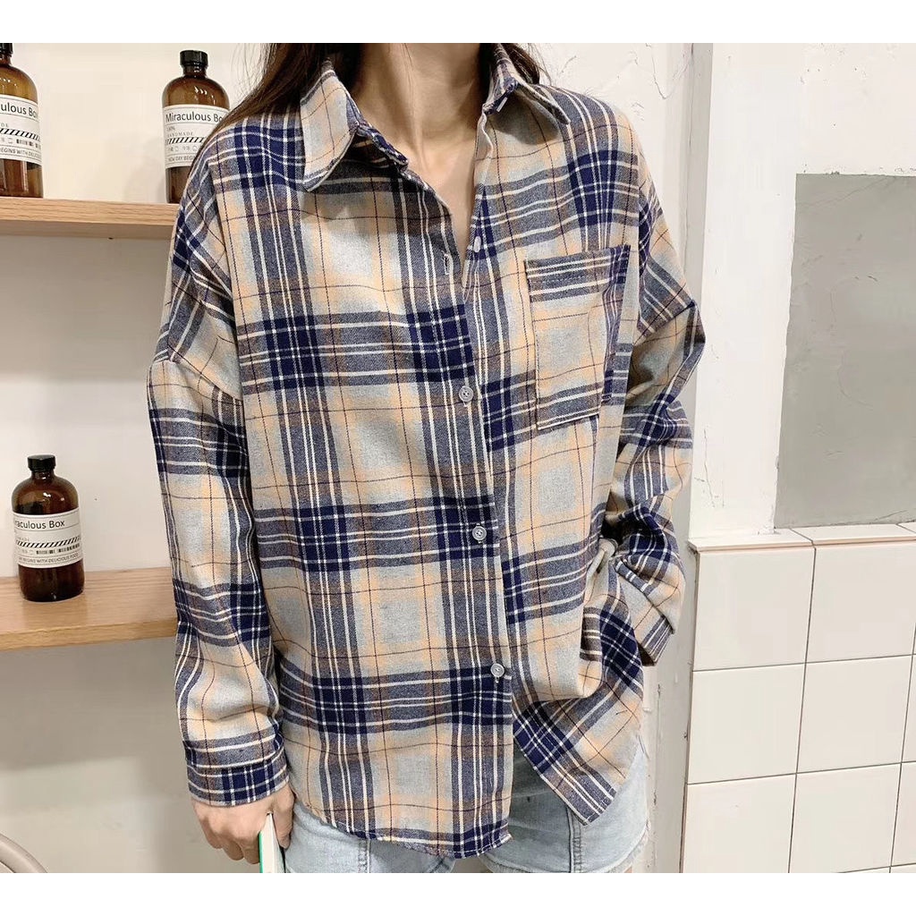 Áo Khoác Sơ Mi Caro Dáng Rộng Thời Trang Hàn Quốc Cho Nữ