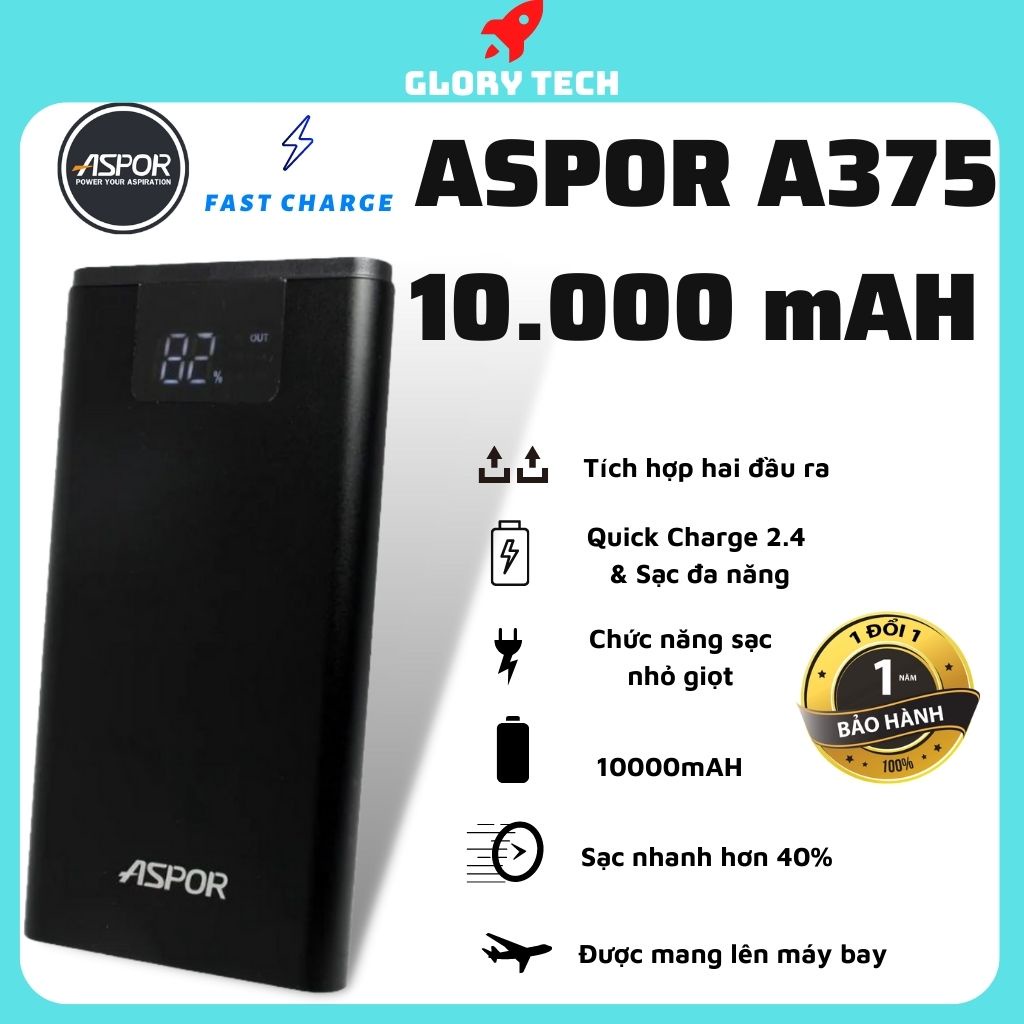 ⚡️SHIP HỎA TỐC⚡️Pin dự phòng tích hợp màn hình Led hãng ASPOR A375 10.000mAh + 2 Cồng - Công suất lên tới 37W