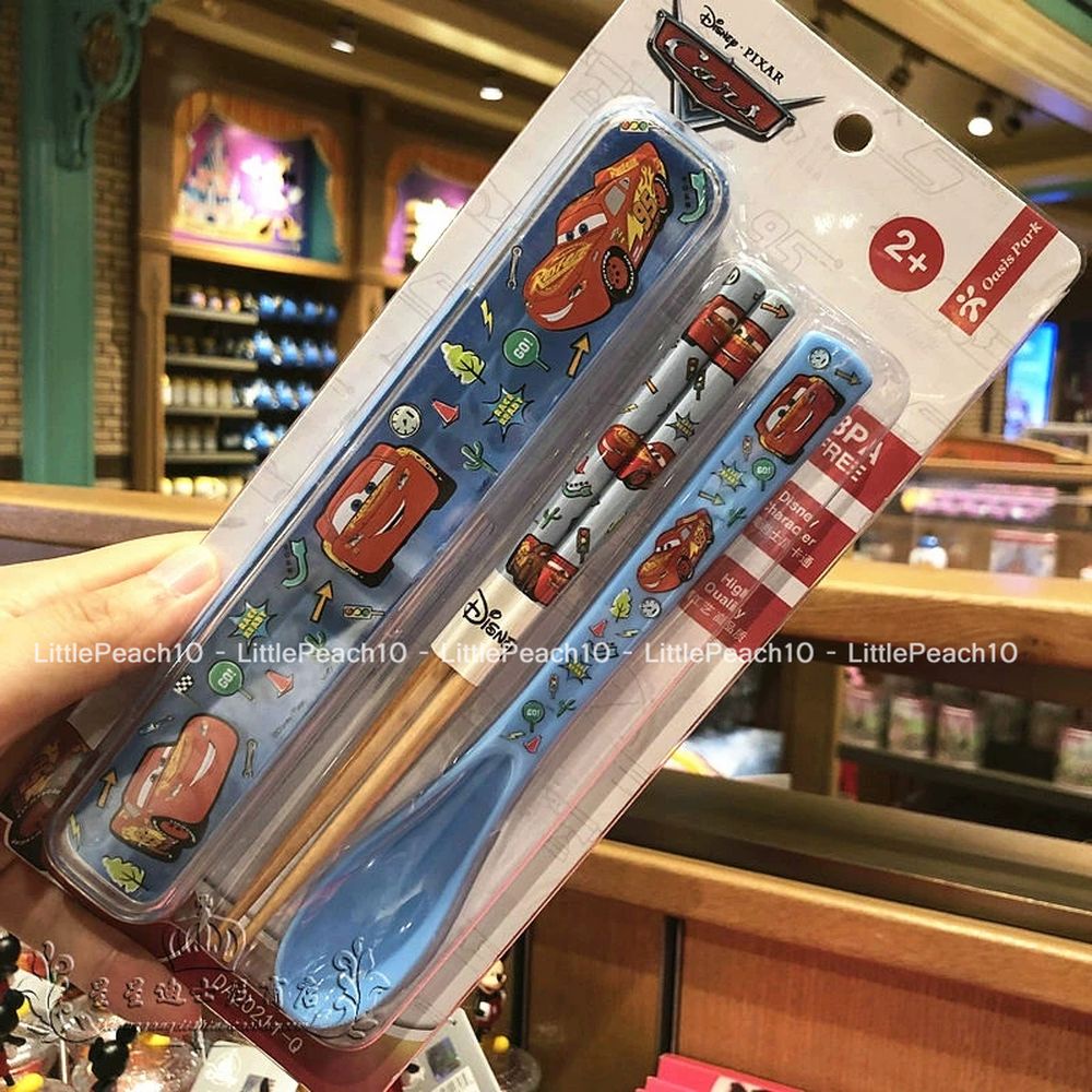 Set đũa muỗng Disney gỗ nhựa kèm hộp trong suốt Frozen Car Mickey Minnie cho trẻ em bé trai gái