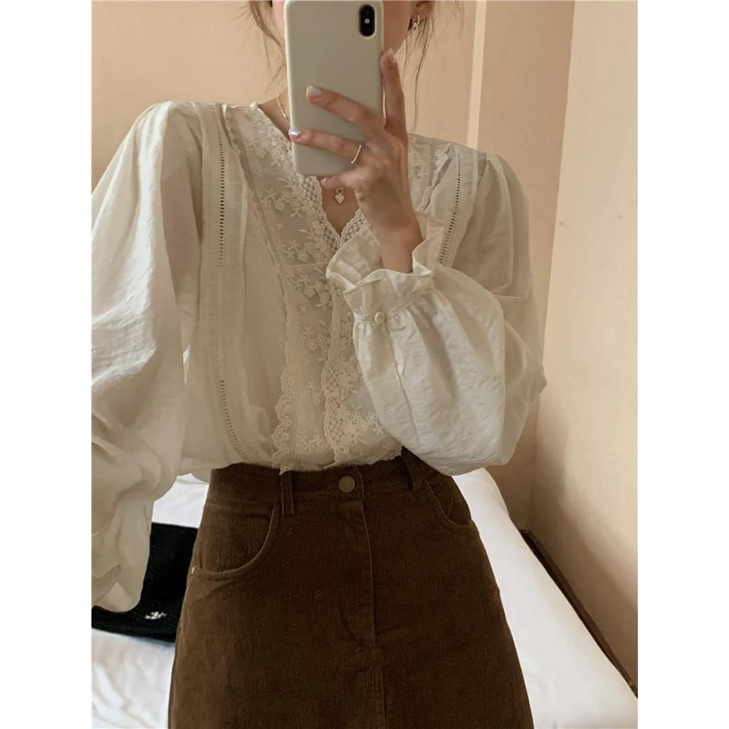 Áo Sơ Mi Dài Tay Vải Tencel Phối Ren Hoa Tinh Tế 57448