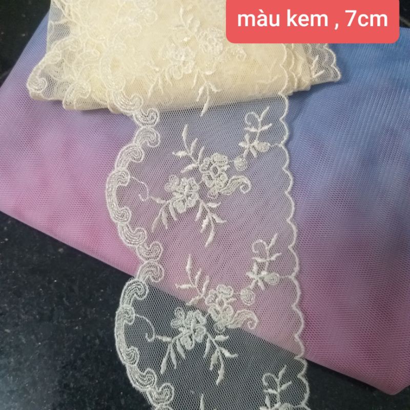 Ren lưới thêu , màu kem , size từ 1.4cm đến 7cm