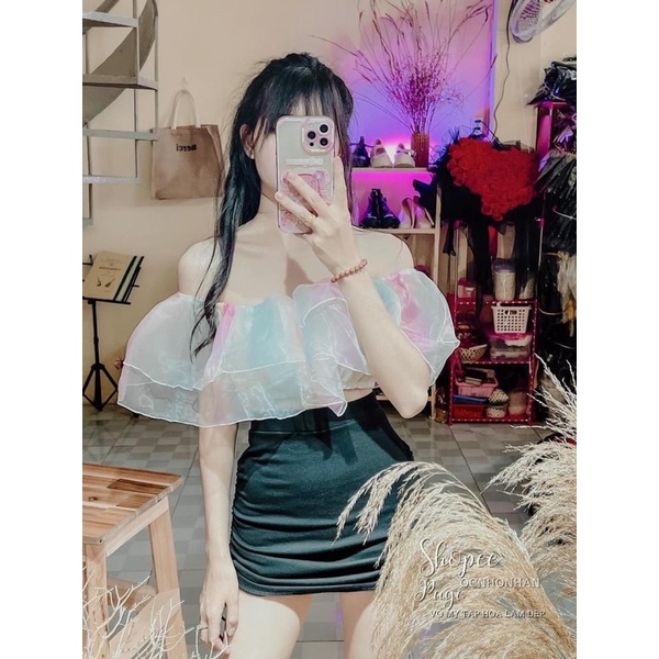 Set áo bẹt vai cầu vồng và chân váy rút dây 2 bên siêu hot