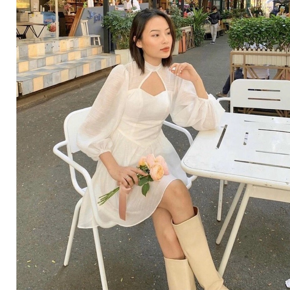Đầm Xòe Nữ, Đầm Công Chúa Tay Bồng Cutout Ngực Thắt Nơ Lưng Cao Cấp.