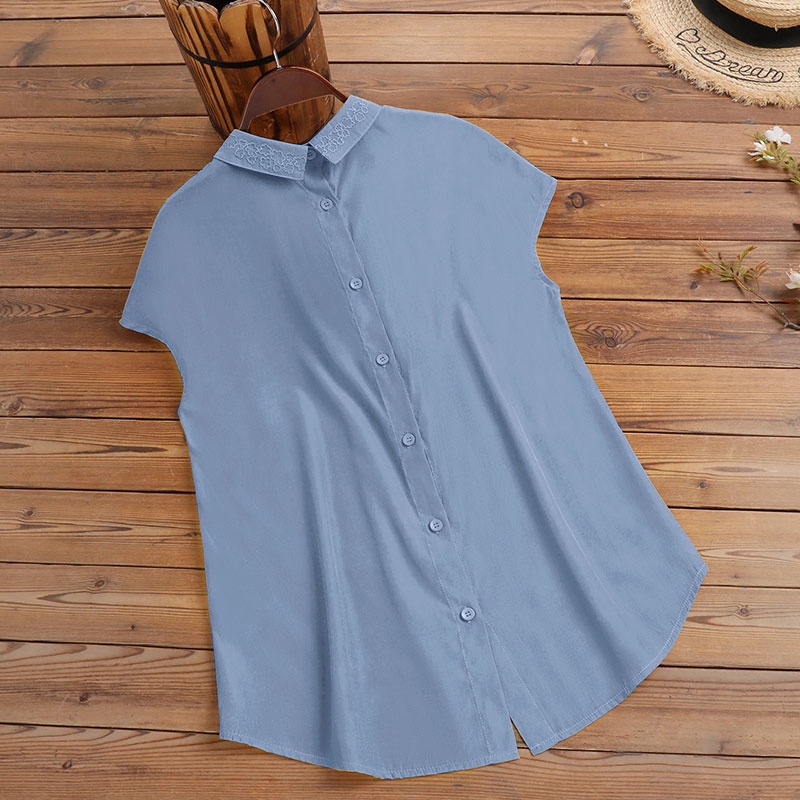 Áo sơ mi Zanzea cổ bẻ cài nút thêu họa tiết màu trơn đáng yêu cho nữ