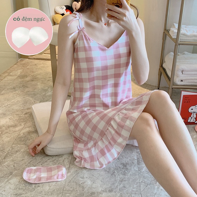 [Mã 44FASHIONSALE1 giảm 10K đơn 50K] Váy ngủ hai dây sexy, đầm ngủ thun cotton hoạt hình mềm có đệm ngực dễ thương