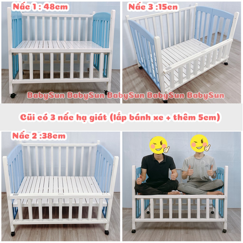 Cũi Gỗ Quế Cho Bé Chất Liệu Gỗ Quế Kích Thước (110x70x96cm) Màu Trắng Xanh Hàng Xuất Khẩu Bảo Hành 24 Tháng Tặng Bánh Xe