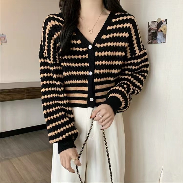 Áo Khoác Cardigan Dệt Kim Cổ Chữ V Họa Tiết Kẻ Sọc Thời Trang Mùa Thu Mới Cho Nữ