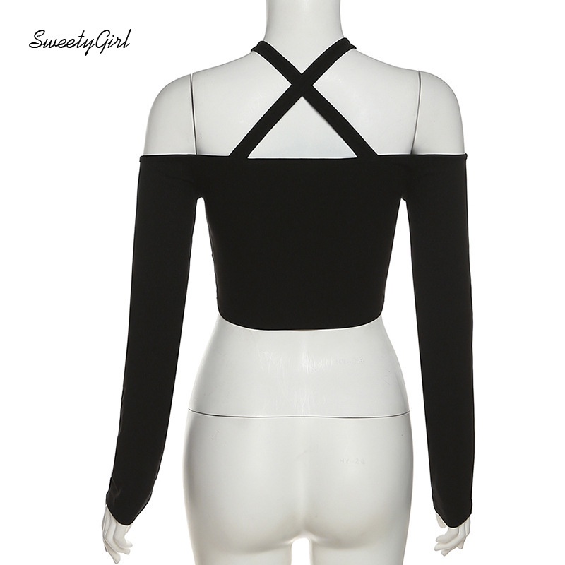 Áo Croptop Tay Dài Dáng Ôm Hở Vai Màu Đen Trơn Thời Trang 2022 Dành Cho Bạn Nữ