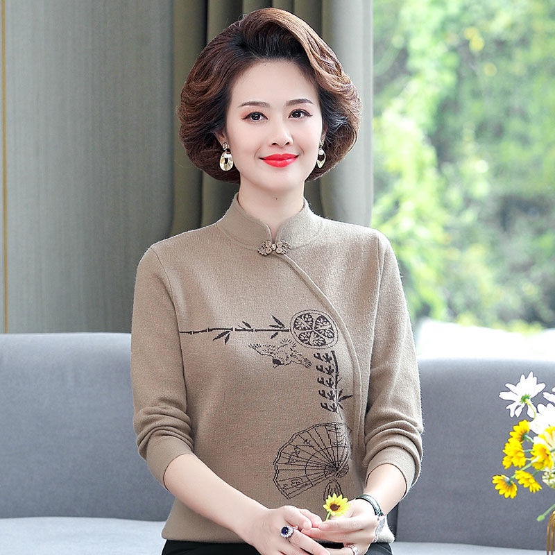Áo dệt kim cổ sườn xám cổ điển thu đông cho mẹ áo mặc trong dài tay cho người trung niên và cao tuổi áo len giữ ấm