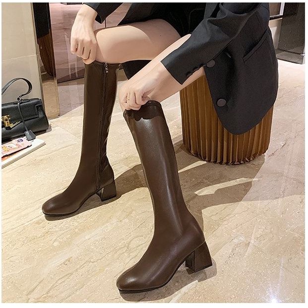 Bốt đùi nữ WOMEN STORY giày boots cao cổ da PU mềm boot khóa sườn đế vuông 6cm boost thời trang mùa đông C26