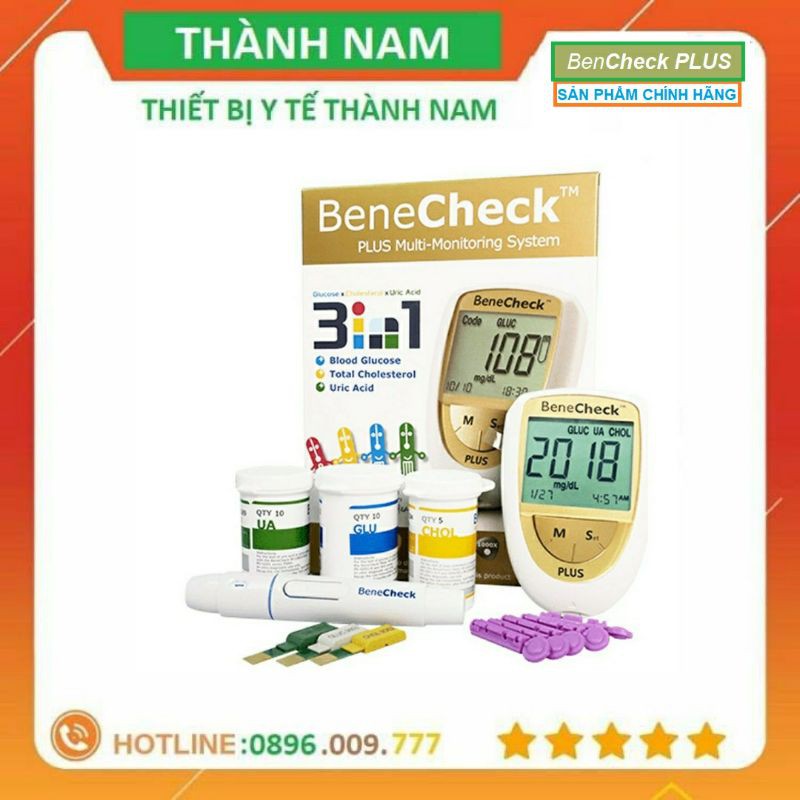 💖MÁY ĐO ĐƯỜNG HUYẾT💖 3 trong 1 Benecheck Plus Máy đo đường huyết, mỡ máu, axit uric trong máu