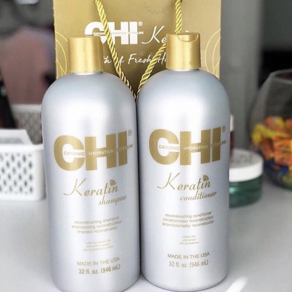 #chi_usa_Chính_hãng_100% Combo Dầu gội xả phục hồi CHI Keratin Shampoo Và Conditioner 946mlx2