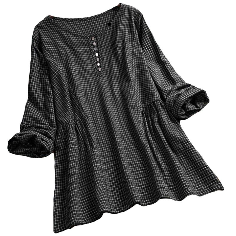 Áo Sơ Mi Dài Tay Chất Liệu Cotton Lanh Dáng Rộng Hoa Văn Kẻ Ô Giản Dị Dành Cho Nữ