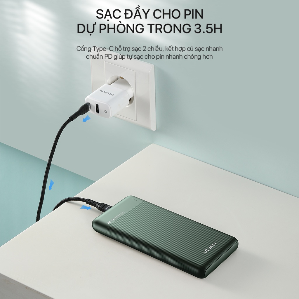 Pin Sạc Dự Phòng 10000mAh VIVAN VPB-M10 Sạc Nhanh Chuẩn PD/QC3.0 18W 2 Output 2 Input Hàng Chính Hãng Bảo Hành 12 Tháng