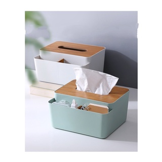 Hộp đựng giấy ăn vuông 2 ngăn nắp gỗ cao cấp decor bàn đựng đồ đa năng